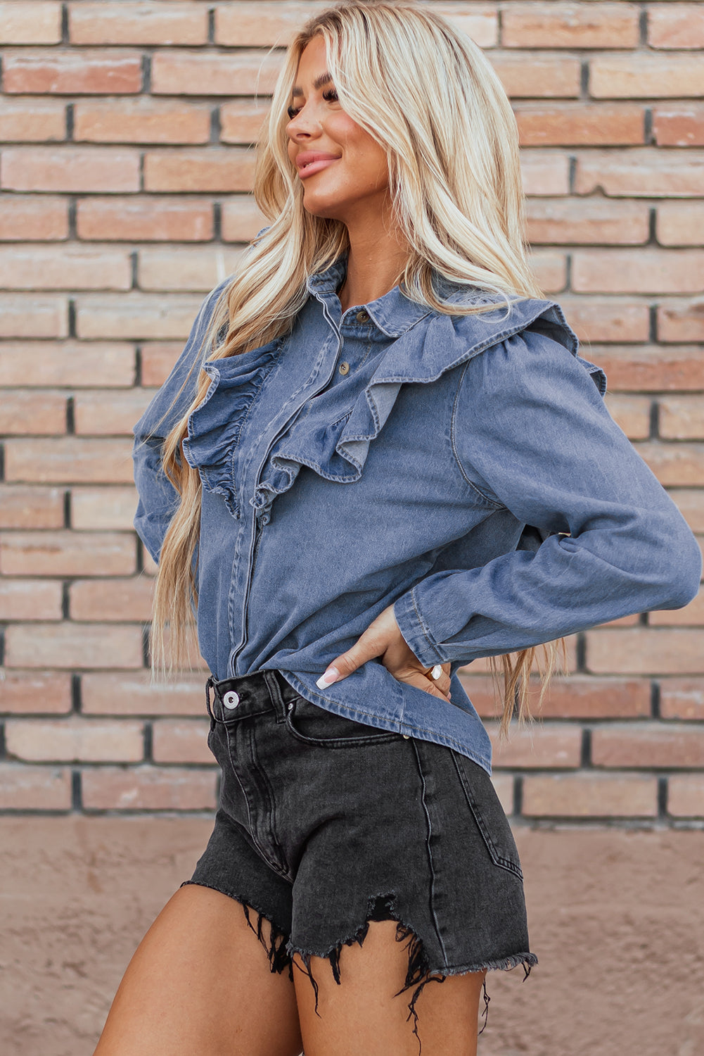 Dusk Blue Denim Ruffled Top