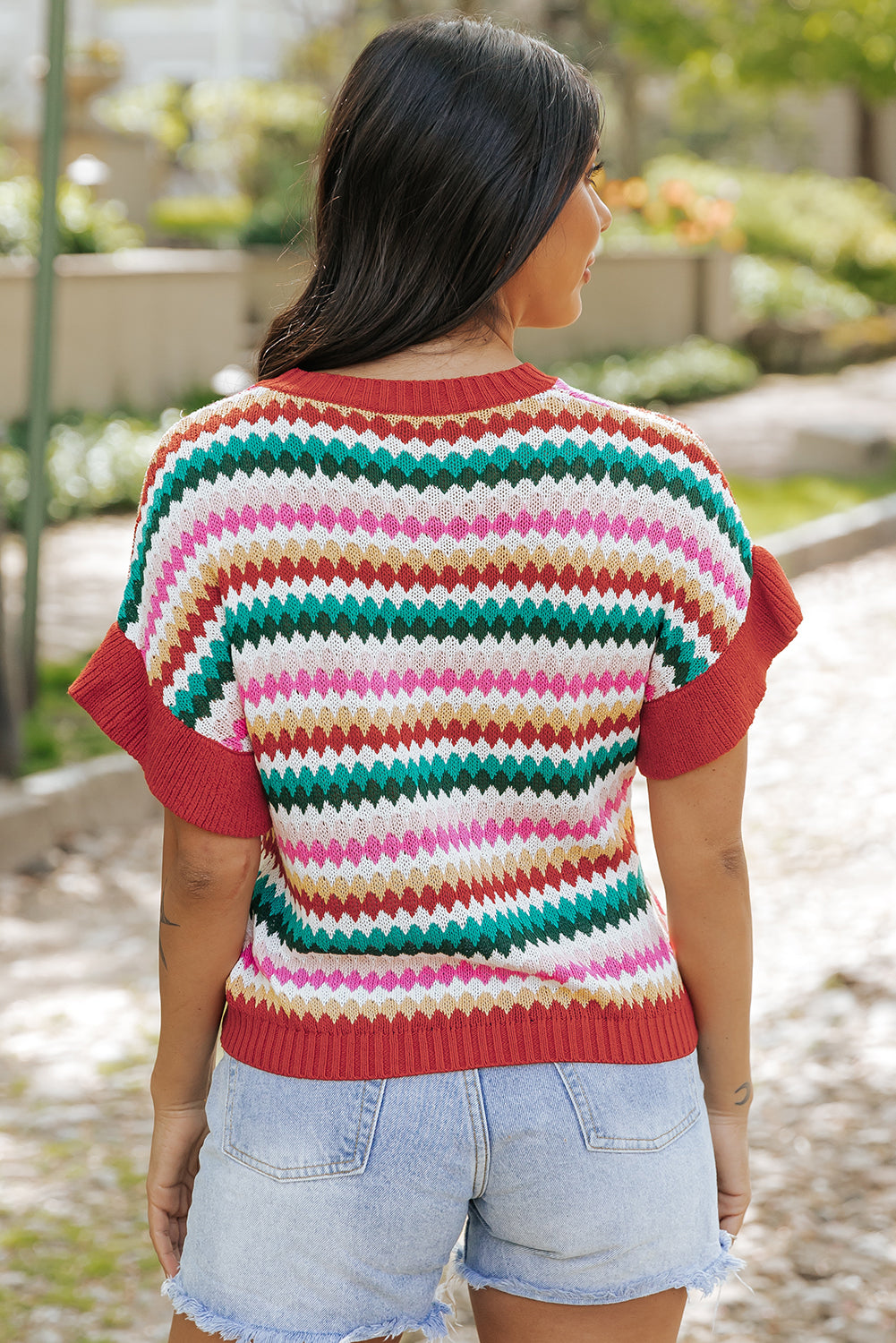 Trimmed Colorful Textured Sweater Top