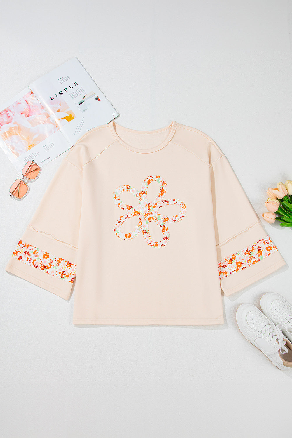 Beige Flower Crewneck Top