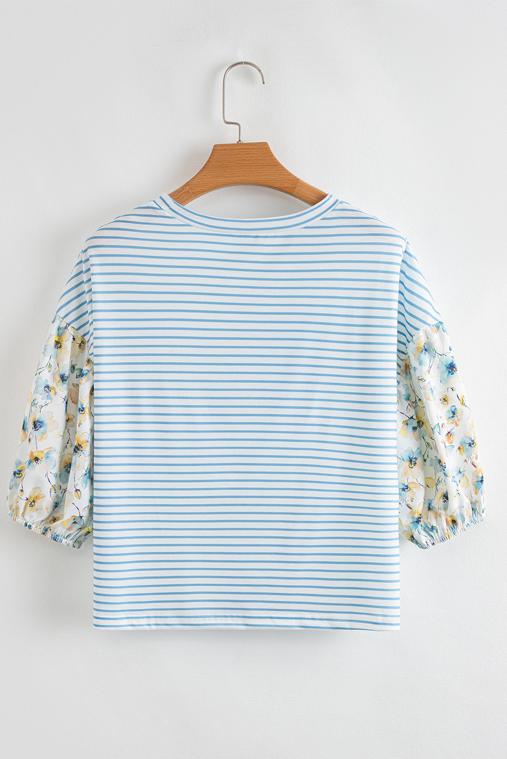 Sky Blue Stripe 3/4 Floral Puff Top