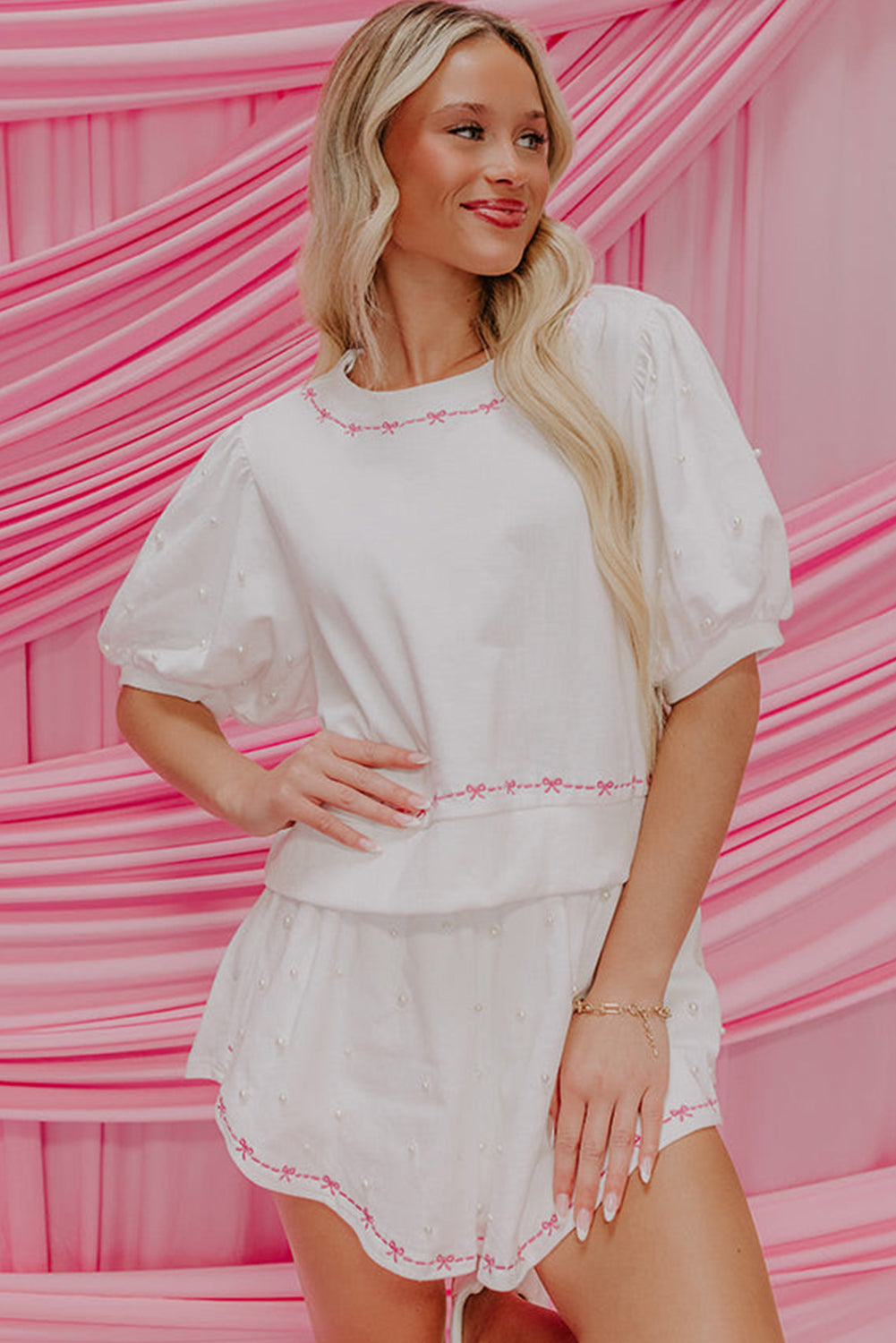 White Pearl Sleeve Blouse and Skort Set