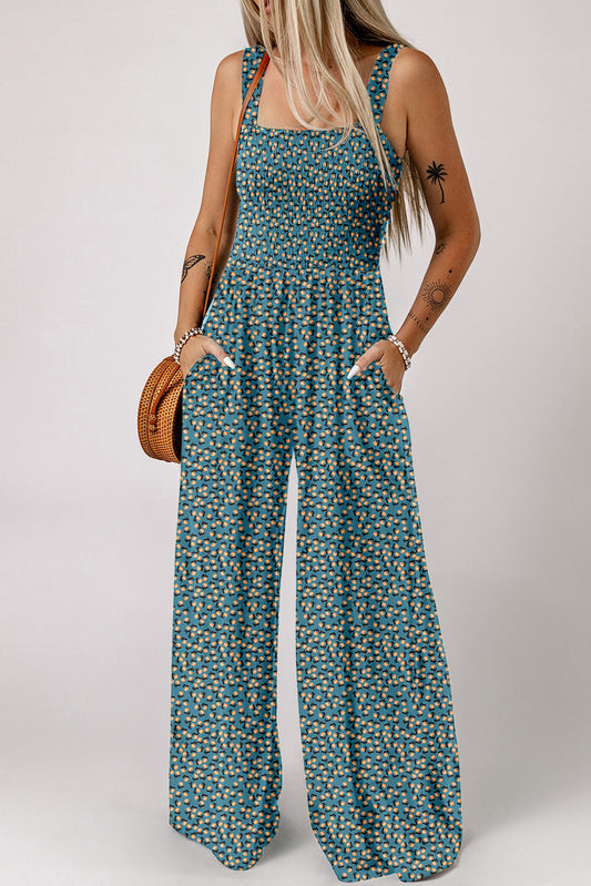 Green Floral Print Smocked Jumpsuit