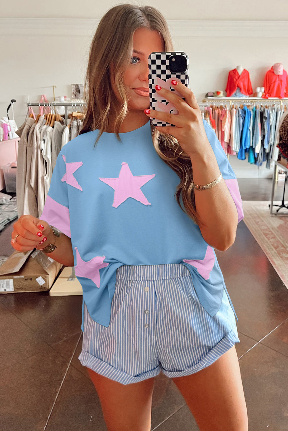 Frayed Denim Star Patched Oversize Shirt