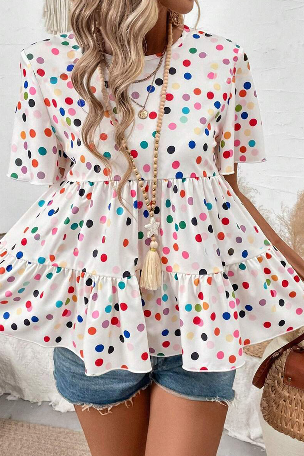 White Colorful Polka Dot Babydoll Blouse