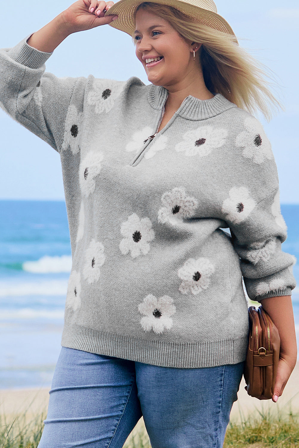 Gray Embroidered Floral Half Zip Sweater