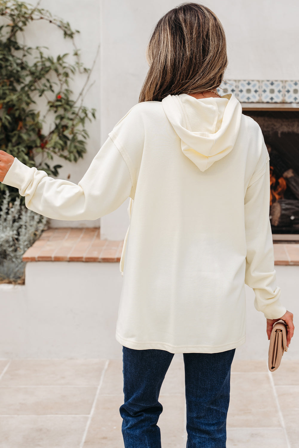 White Bow Detail Loose Hoodie