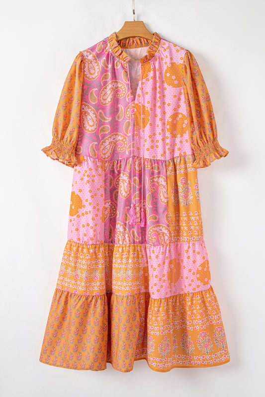 Pink Boho Paisley Floral Midi Dress