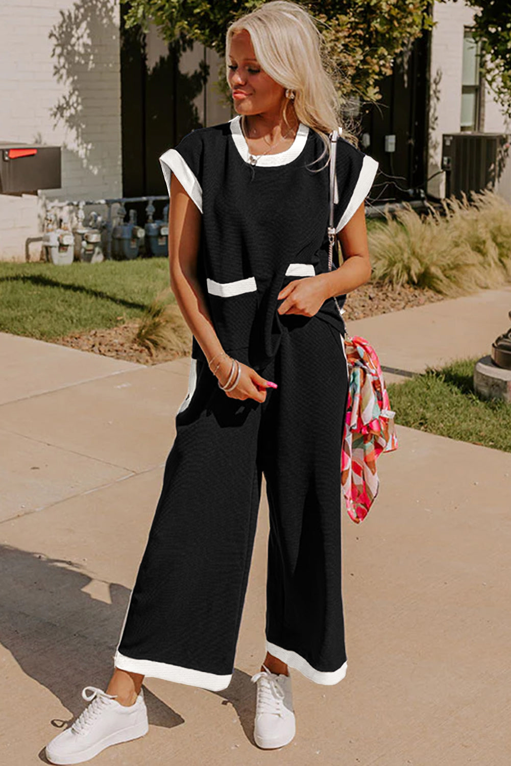 Black Color Block Wide Leg Pants Set