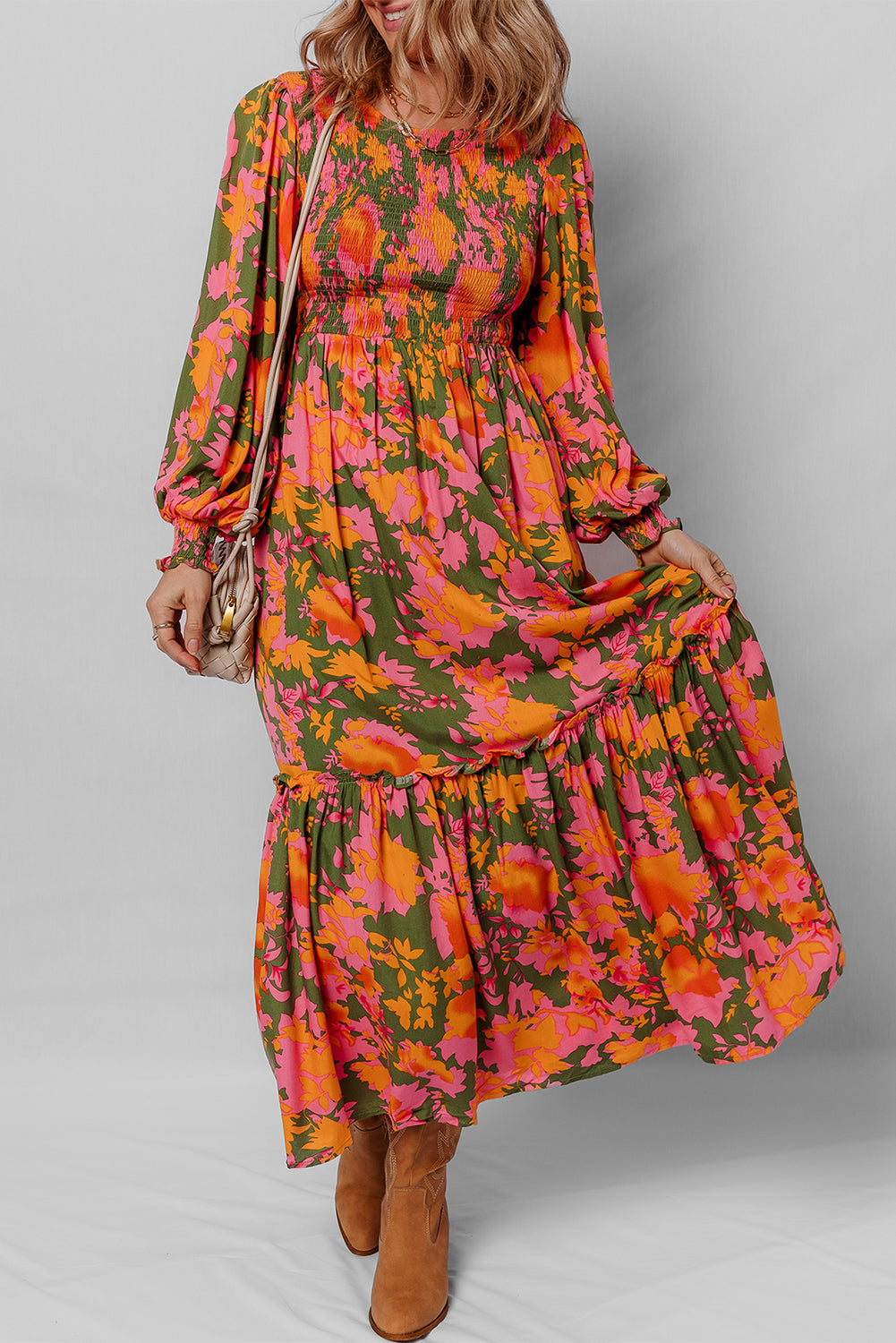 Orange Floral Puff Sleeve Dress