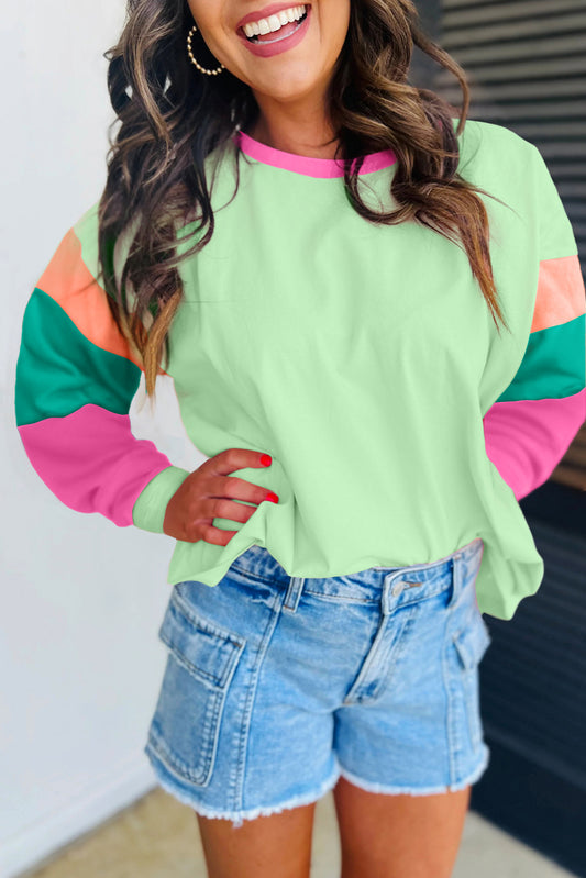 Green Colorblock Long Sleeve  Top