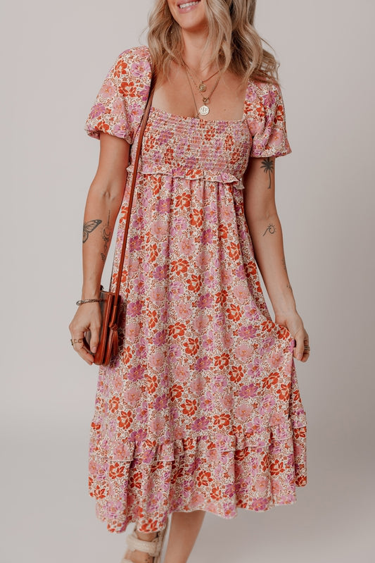 Pink Floral Square Neck Midi Dress
