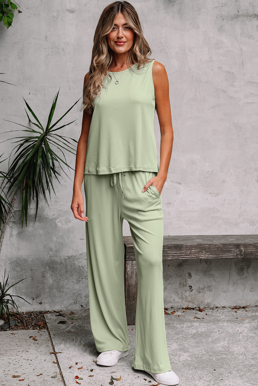 Smoke Green Tank Top and High Waist Pants Set