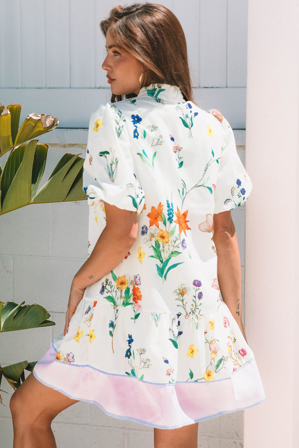 White Floral Print Short Puff Sleeve Dress
