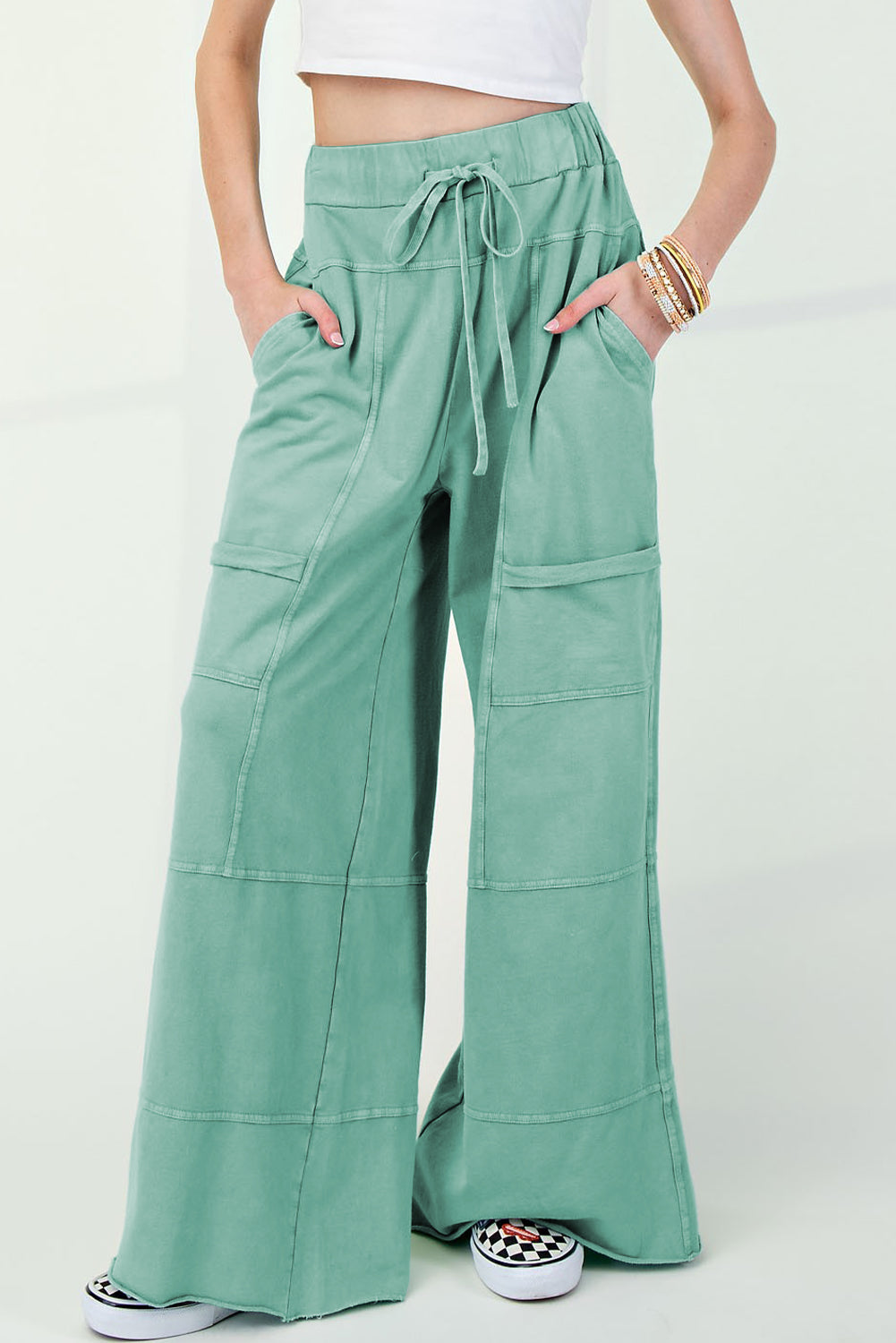 Mint Green High Waist Wide Leg Cargo Pants