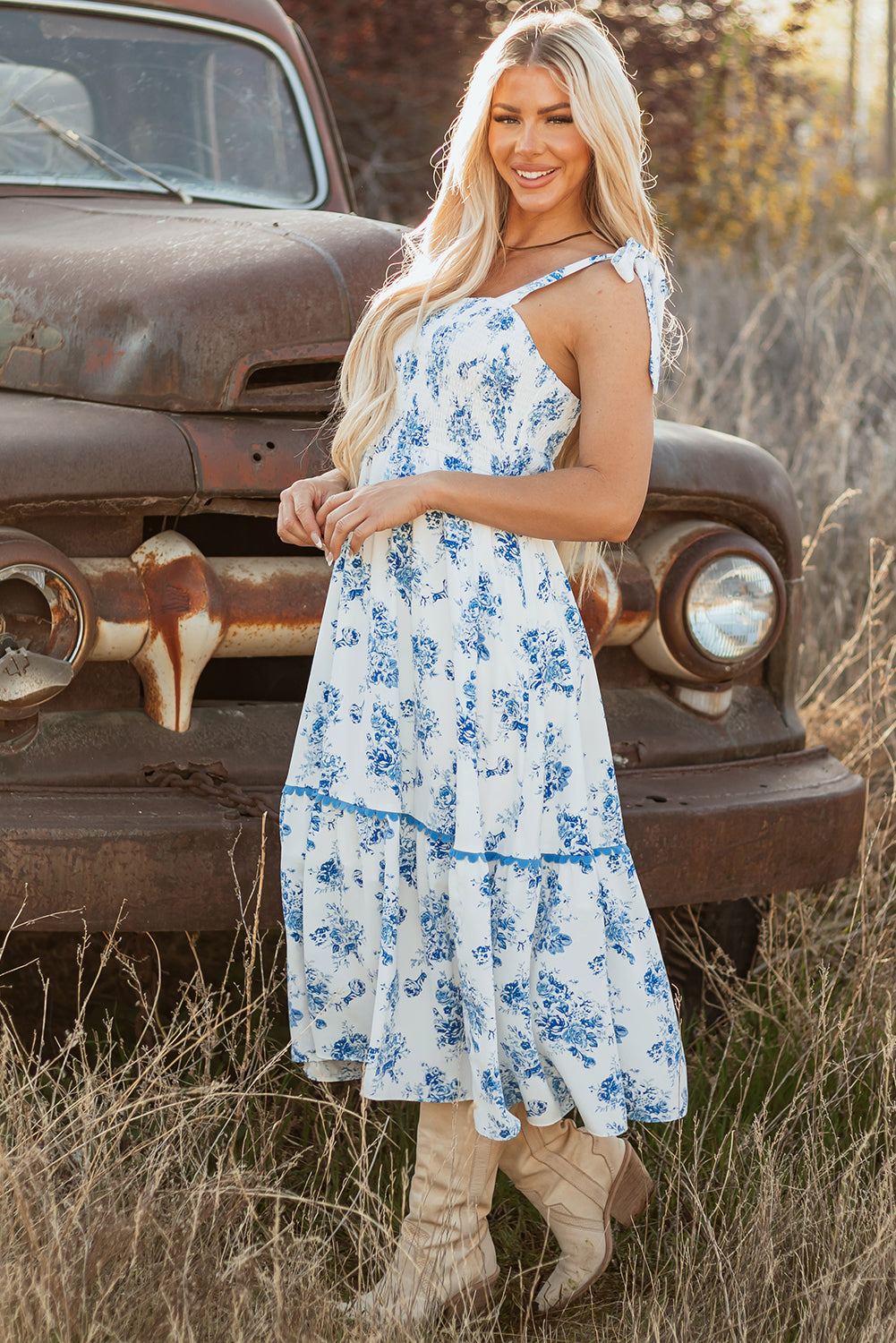 Sky Blue Floral Print Tie Strap Dress