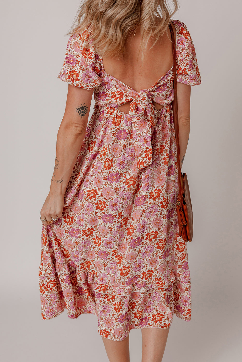 Pink Floral Square Neck Midi Dress
