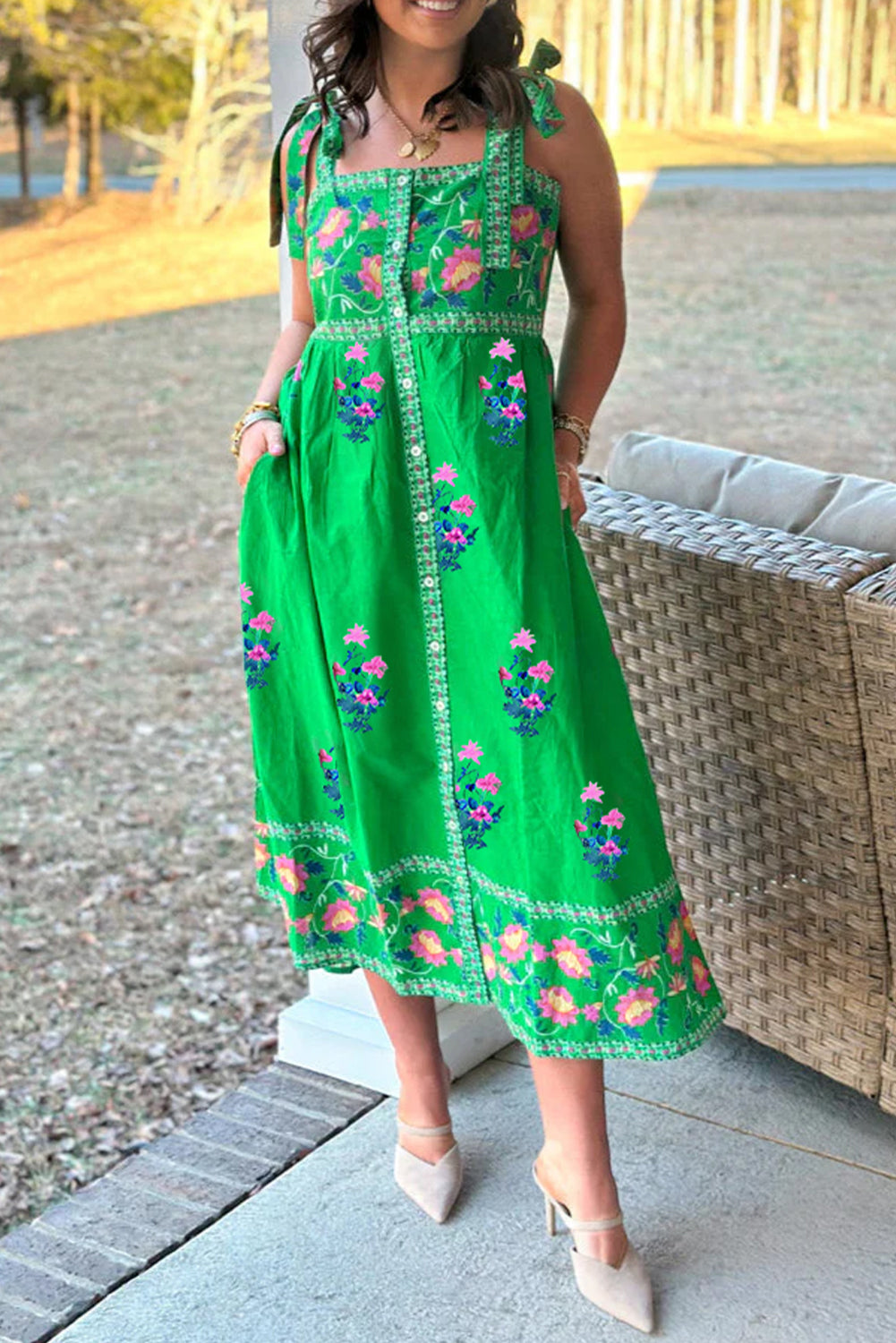 Green Floral Print Midi Dress