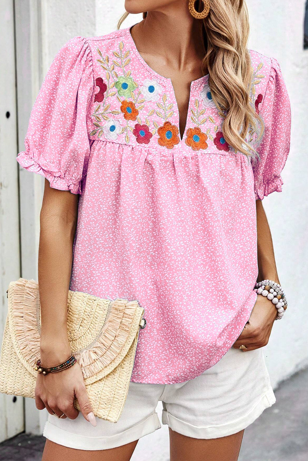 Pink Floral Embroidered Blouse