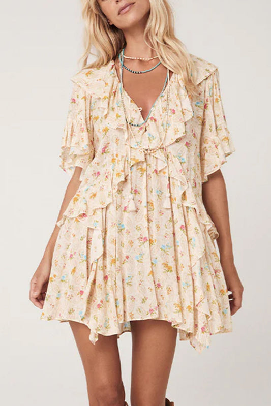 Apricot Boho Floral Tassel Mini Dress