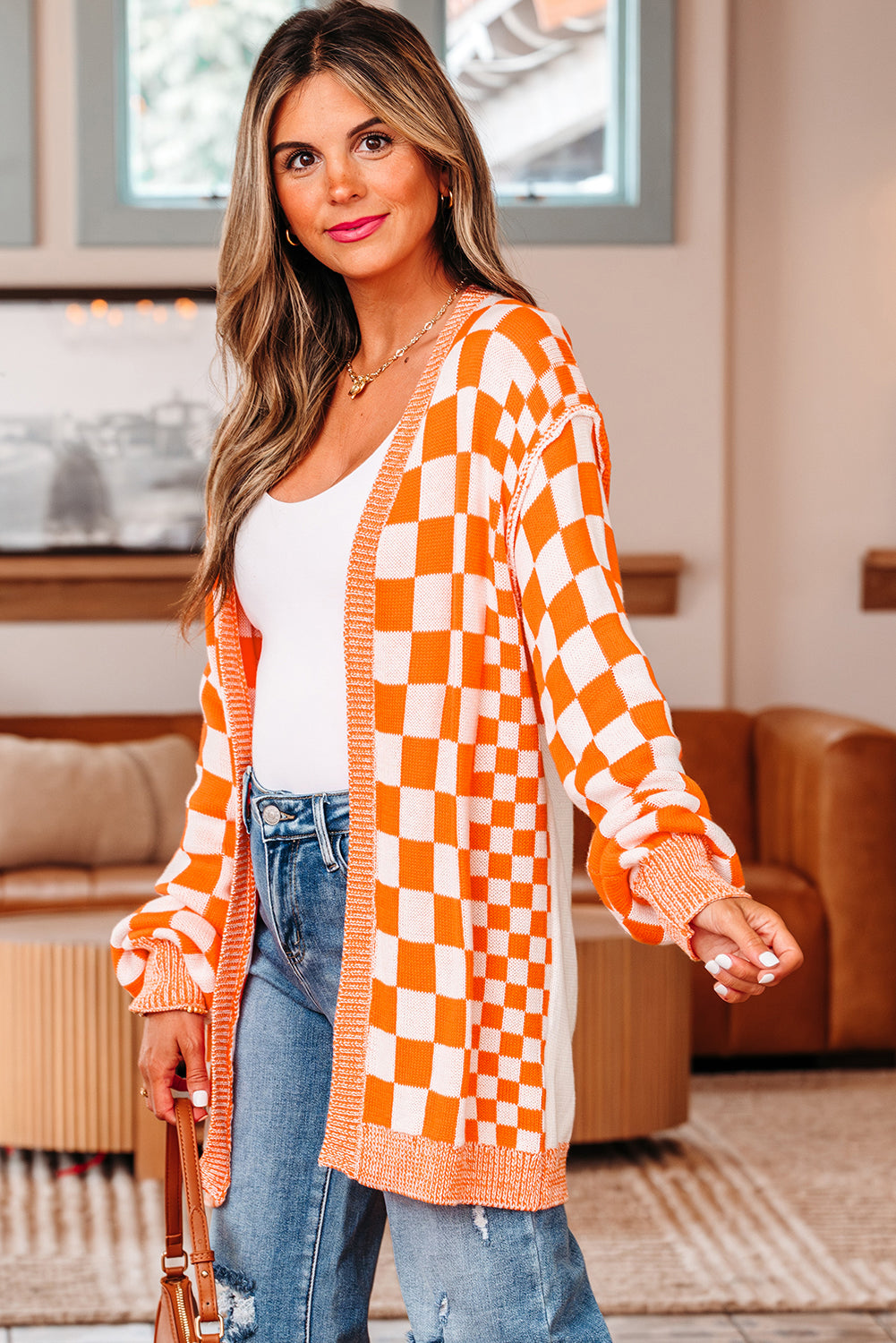 Orange Checkered Cardigan