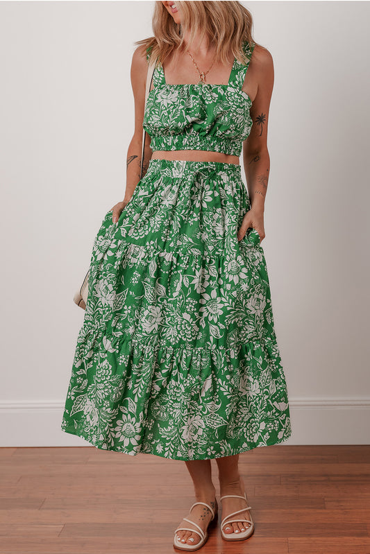 Green Floral High Waist Midi Skirt Set