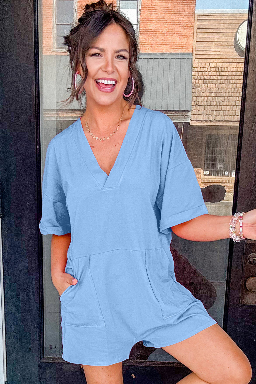 Blue Loose Half Sleeve Romper