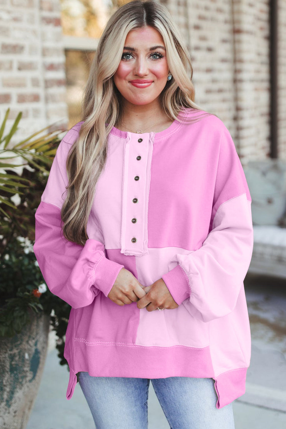 Pink Colorblock Henley Oversize Sweatshirt