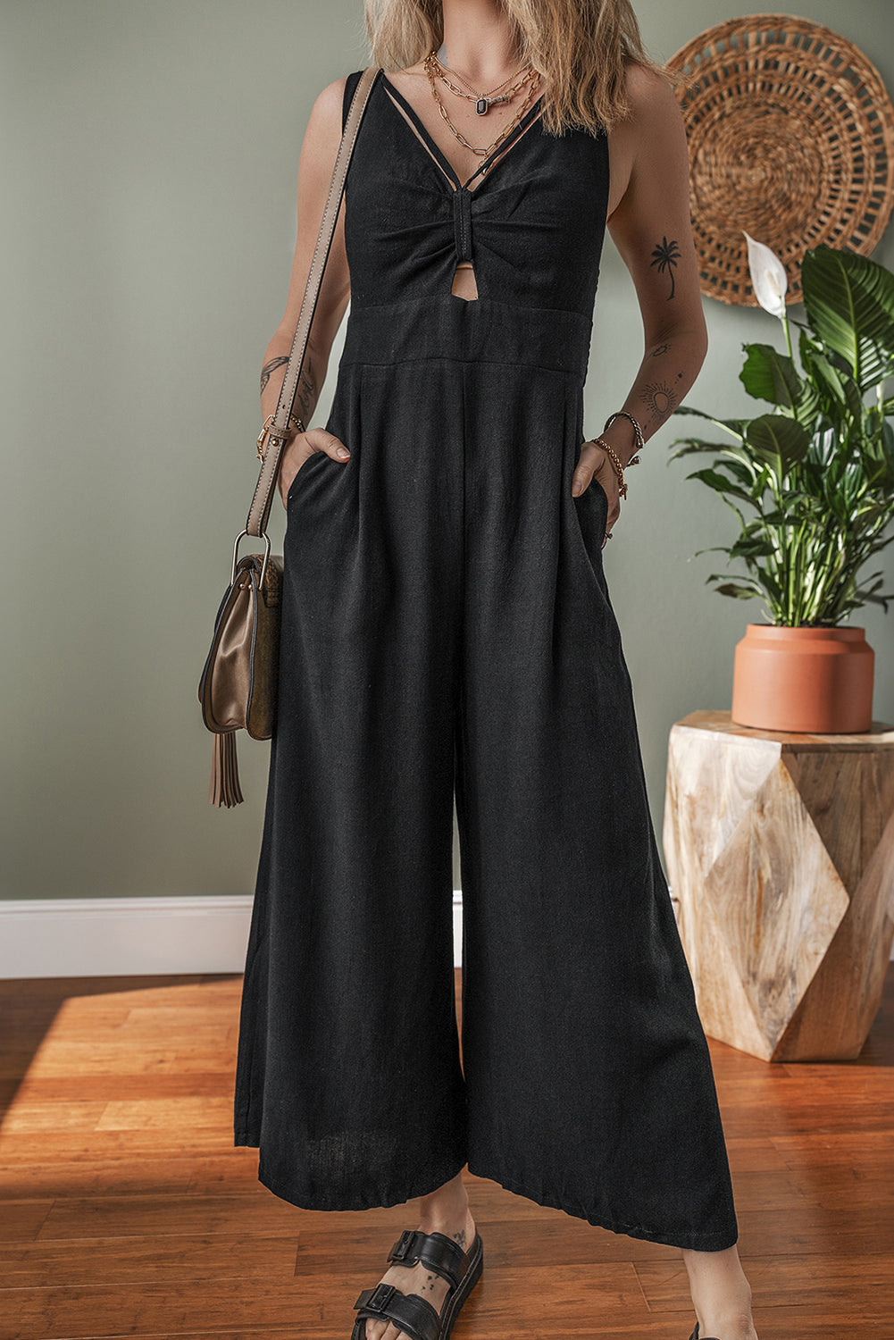 Black Smocked Wide Leg Jumpsuit