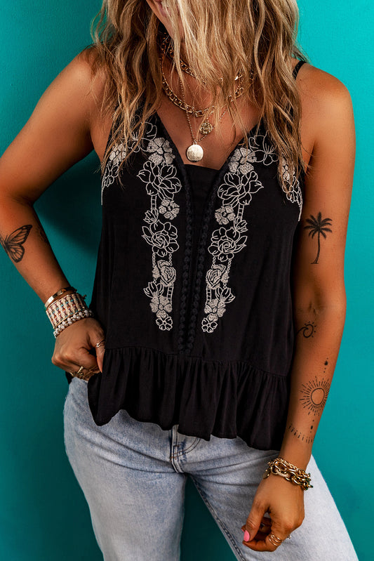Black Floral Embroidery Top