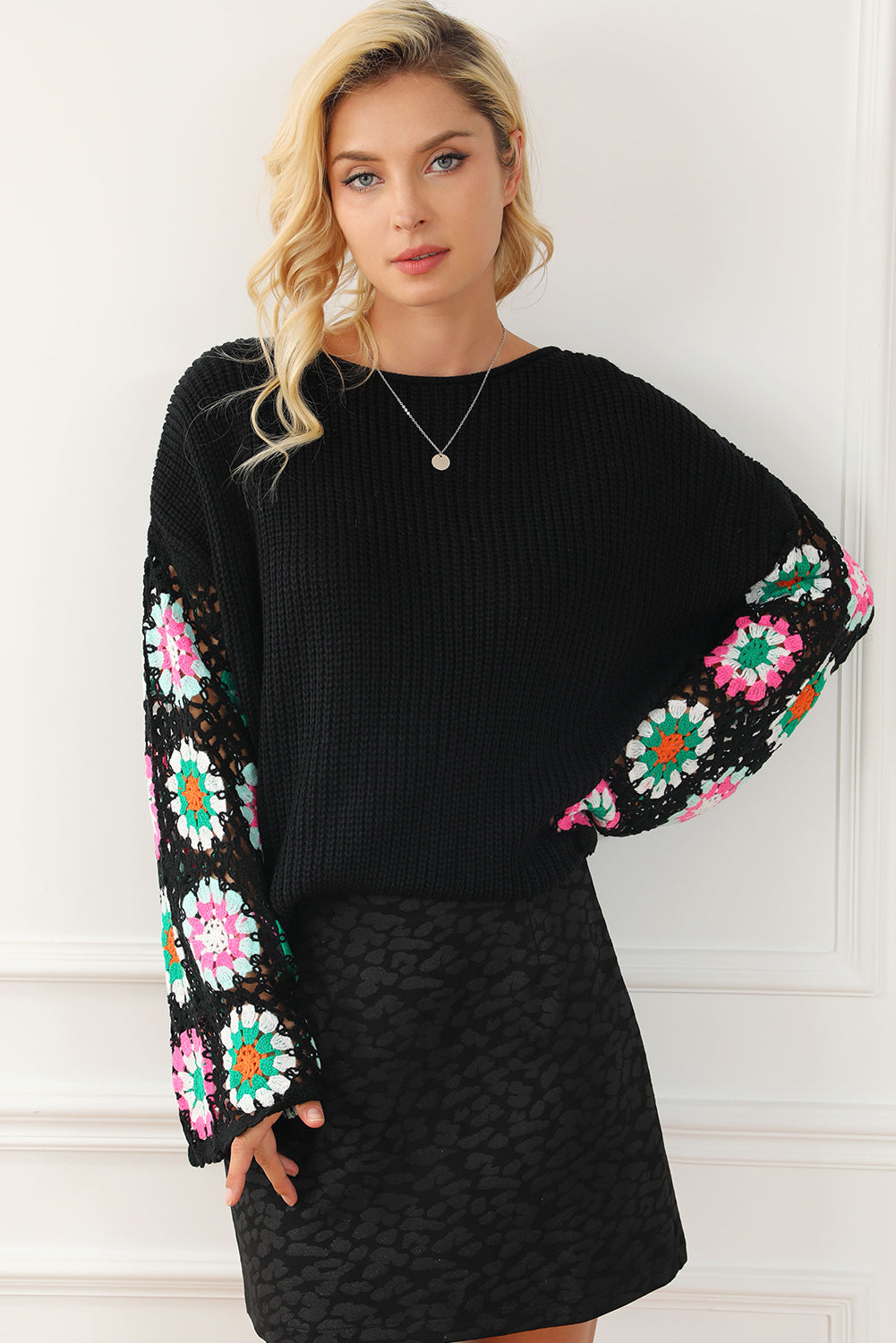 Black Floral Crochet Sweater Top