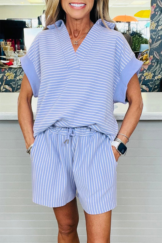 Sky Blue Stripe Shirt and Drawstring Shorts Set