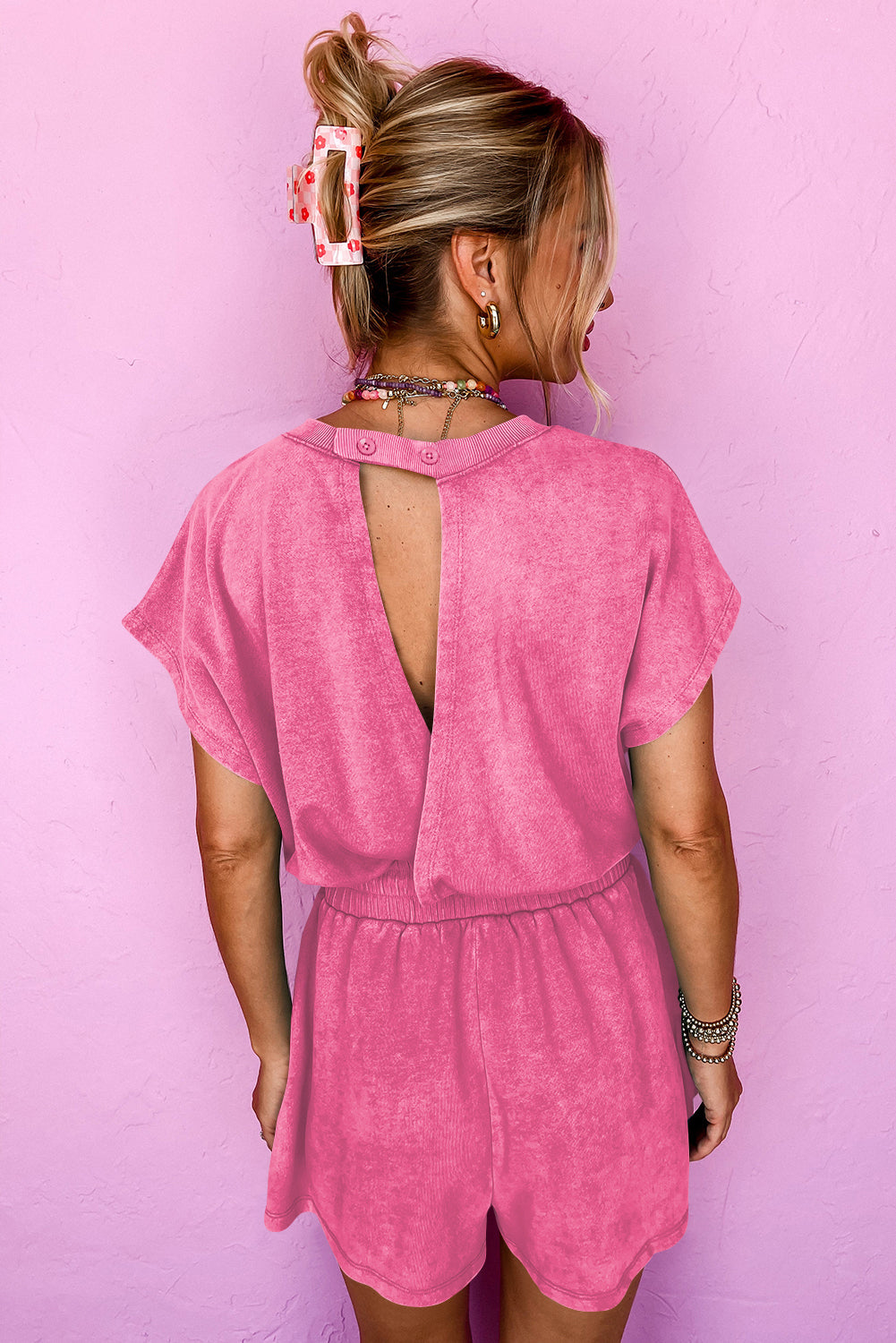 Hot Pink Mineral Wash Short Sleeve Romper