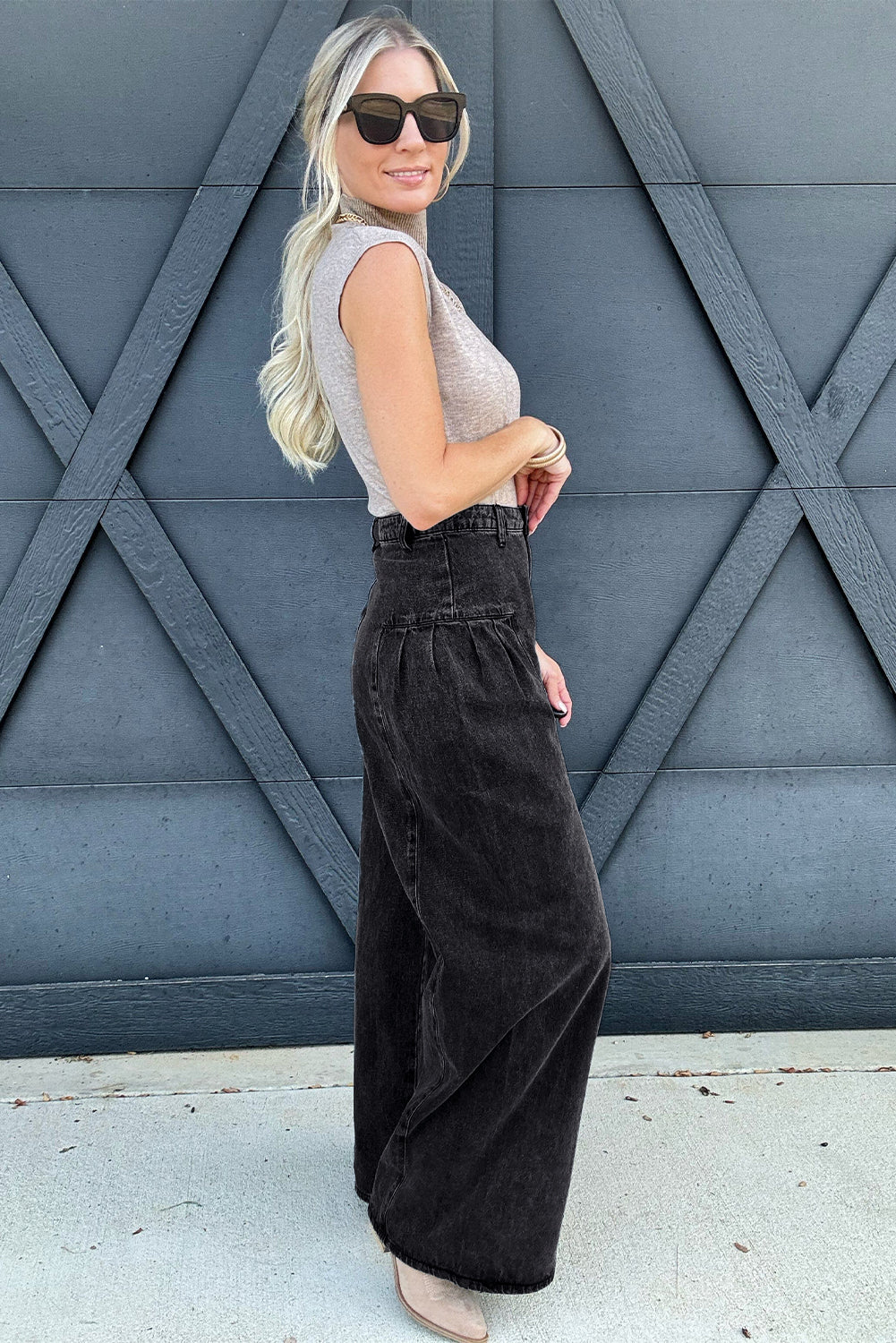 Dark Grey Pleated Wide Leg Denim Pants