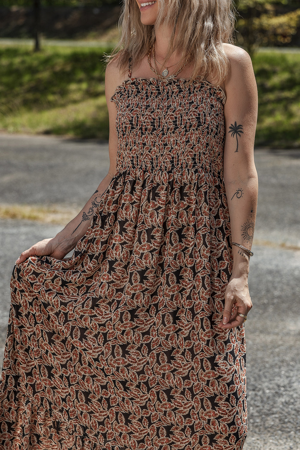 Brown Floral Smocked Flowy Sun Dress