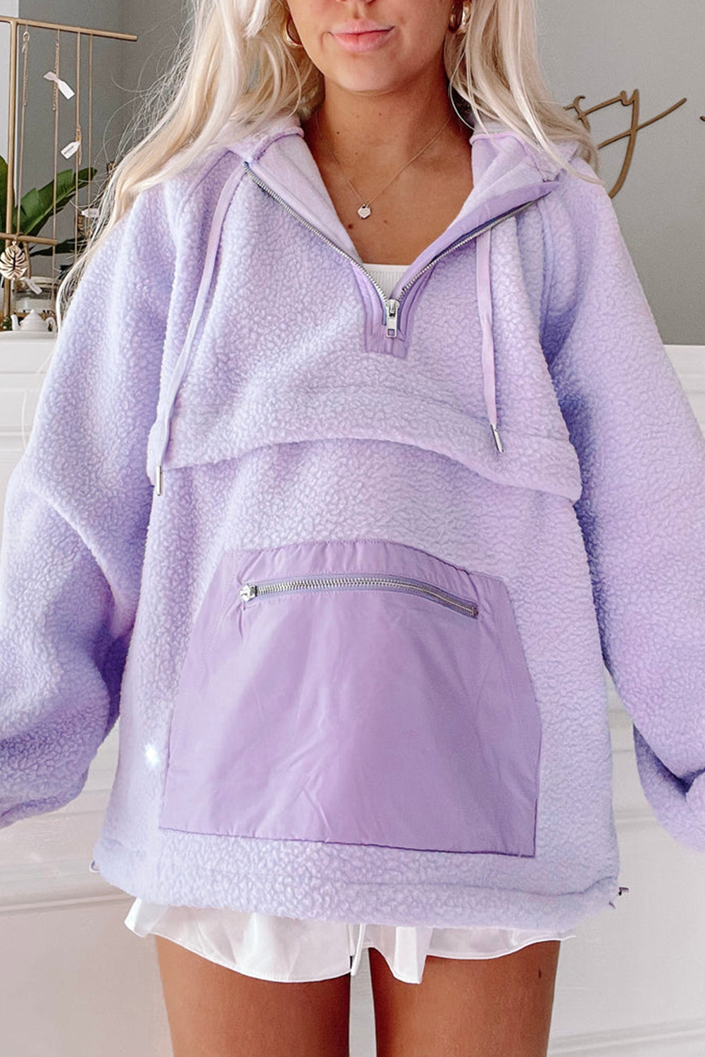 Lavender Zipped Fuzzy Drawstring Hoodie