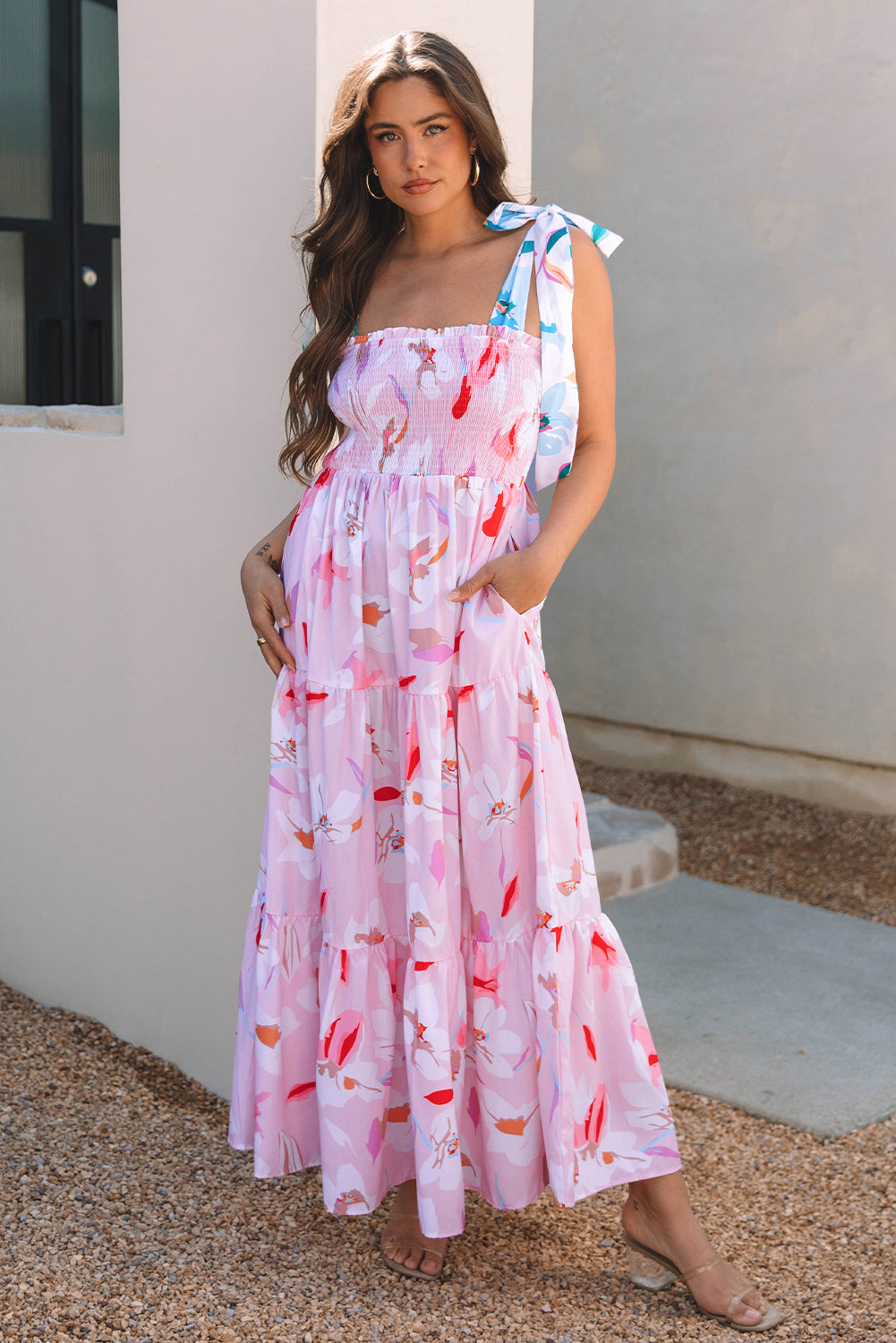 Pink Floral Print Maxi Dress