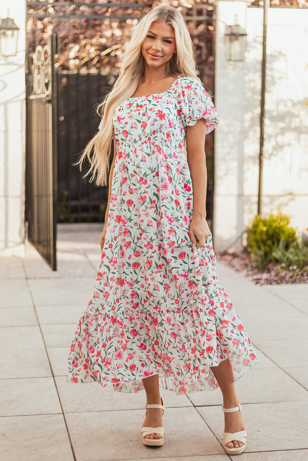 Pink Floral Puff Sleeve Maxi Dress