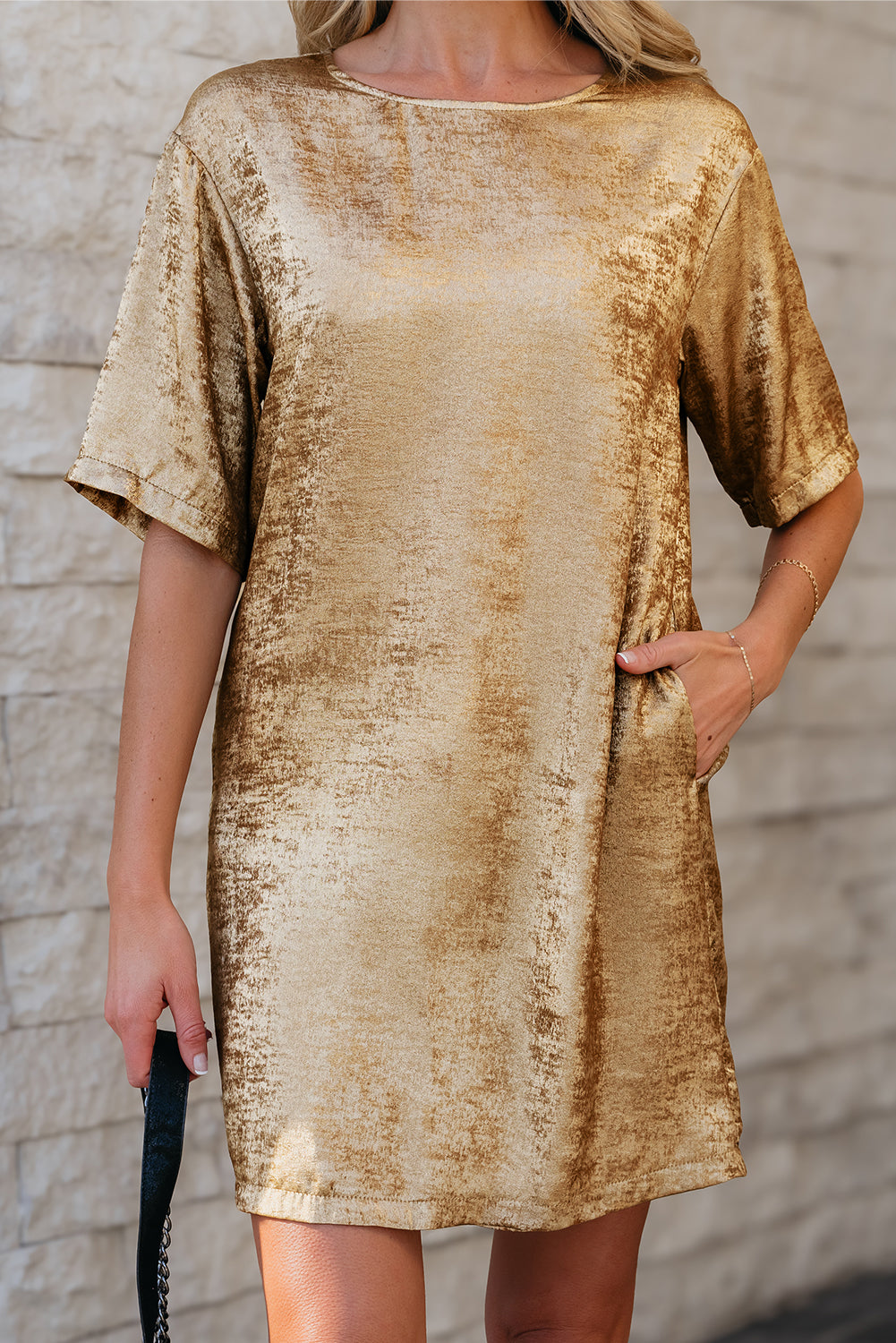 Gold Metallic Crewneck Mini T-Shirt Dress
