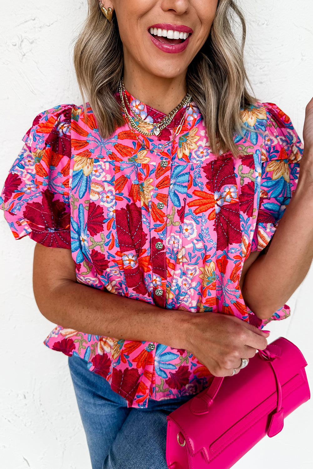 Pink Floral Print Pleated Shirt
