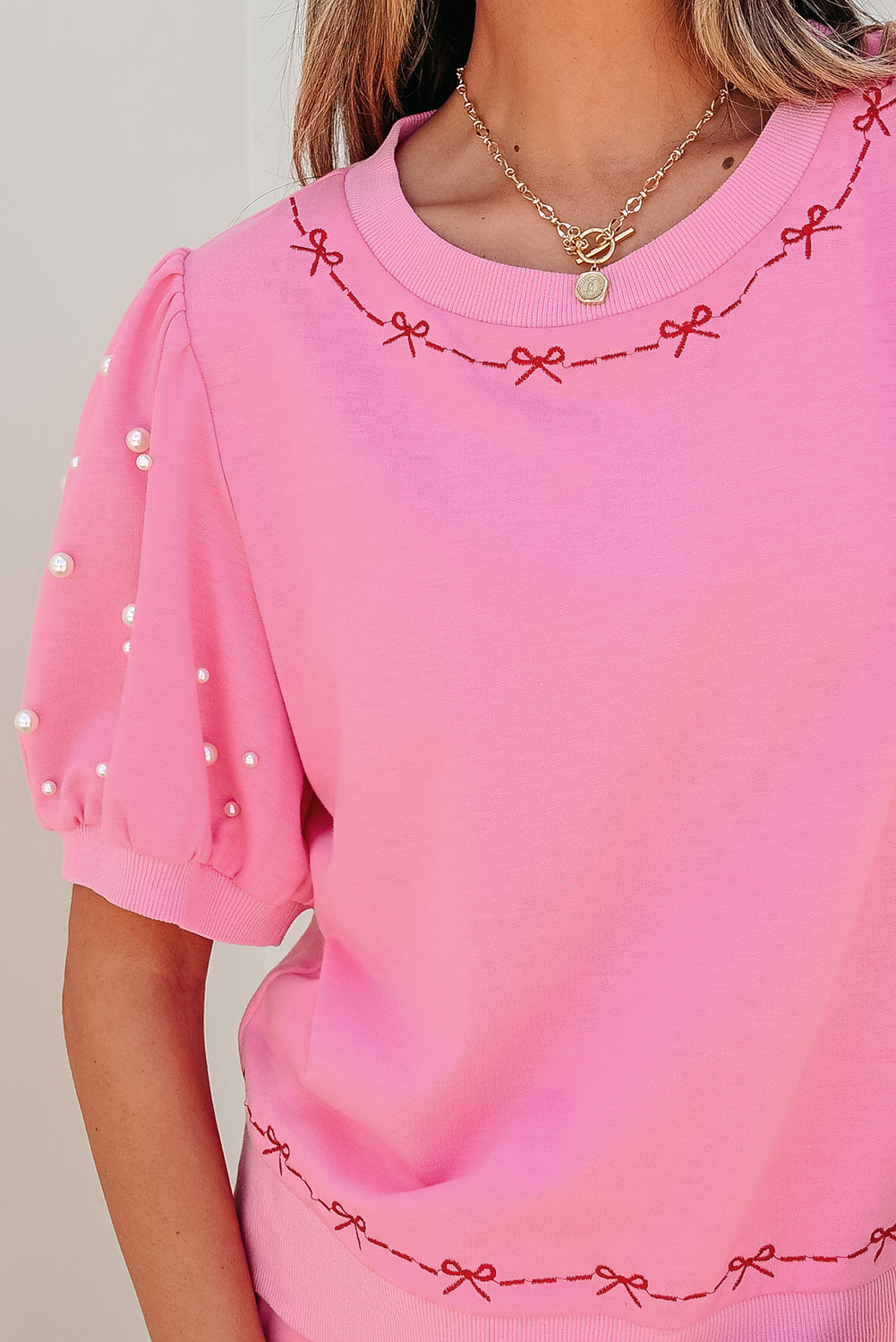 Pink Contrast Bow Trim Pearl Set
