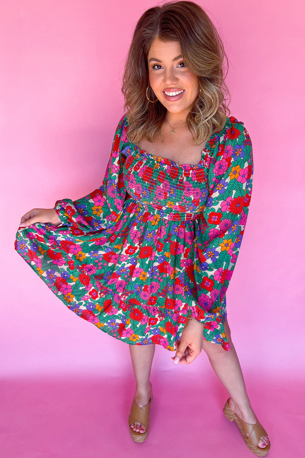 White Floral Long Sleeve Dress
