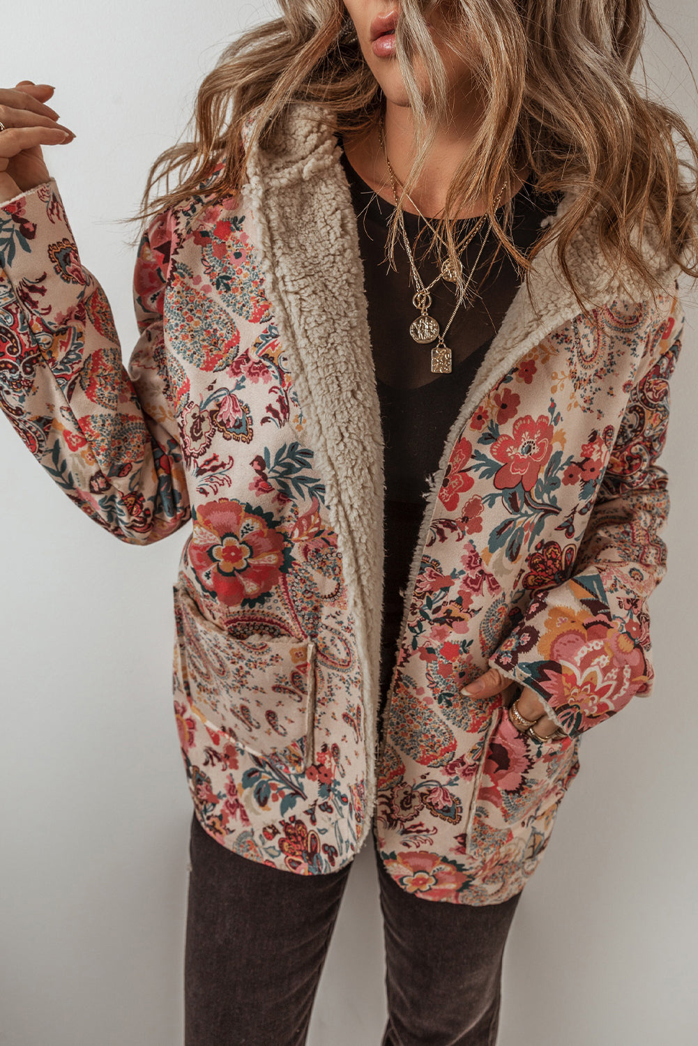 Beige Floral Sherpa Lined Hooded Jacket
