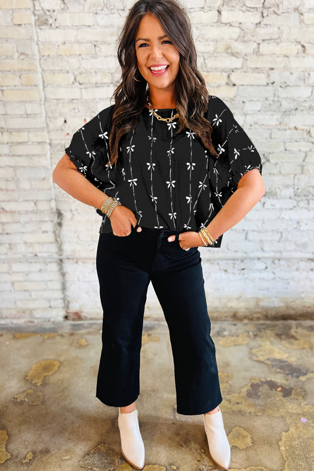 Black Bow Print Top