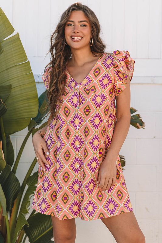 Orange Geometric Floral Mini Dress
