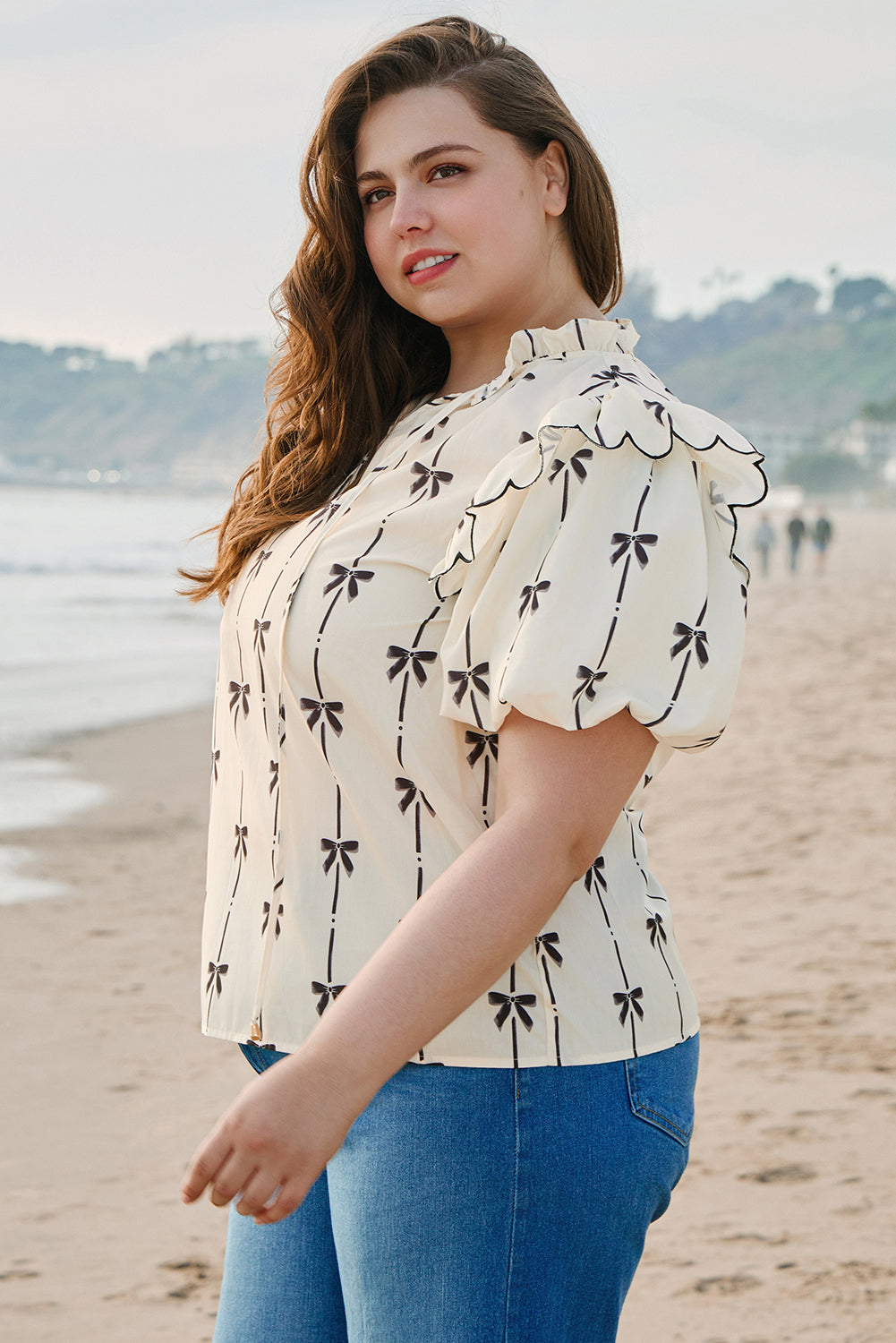 Apricot Bow Print Blouse